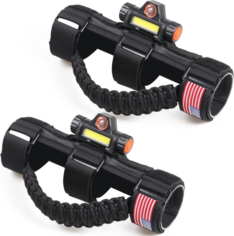 RERPRO UTV ATV Grab Handles with Dome Light 1.75”-2” Roll Bar Paracord Hand Hold Straps Grab Handles Grips with Light Bar for Polaris RZR Ranger Kawasaki Can Am X3 Pioneer Talon, 2 Pack Black - Image 1